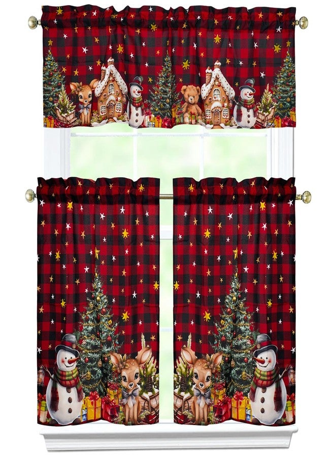 bnhjsdw 3 Pieces Christmas Kitchen Curtains Set, Plaid & Snowflake & Holly Xmas Curtains for Kitchen - Light Filtering, Easy Install Red Valances for Christmas Window Decor - Image 2